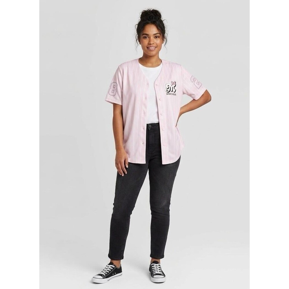 Disney Minnie Mouse Pink Pinstripe Baseball Jersey M